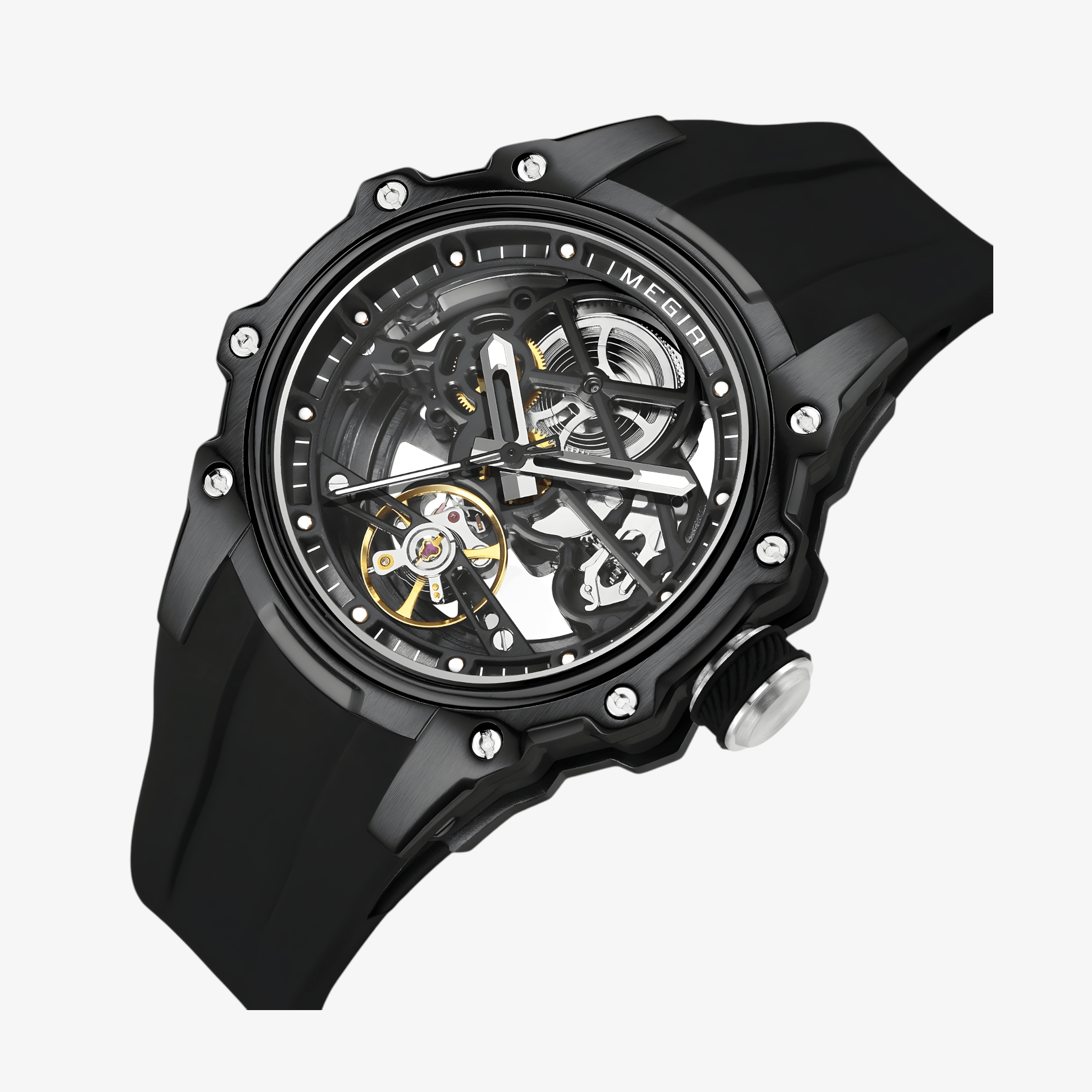 Krupni prikaz otvorenog mehanizma modela Megir MN2243 sa čeličnim kućištem i crnim kaišem