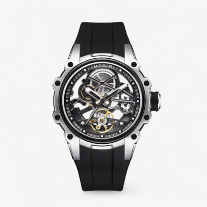 Prikaz prednje strane muškog skeleton sata Megir MN2243 u crnoj boji sa srebrnim kućištem i silikonskom narukvicom