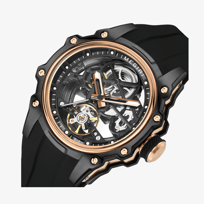 Krupni prikaz otvorenog mehanizma modela Megir MN2243 sa rose gold akcentima i čeličnim kućištem