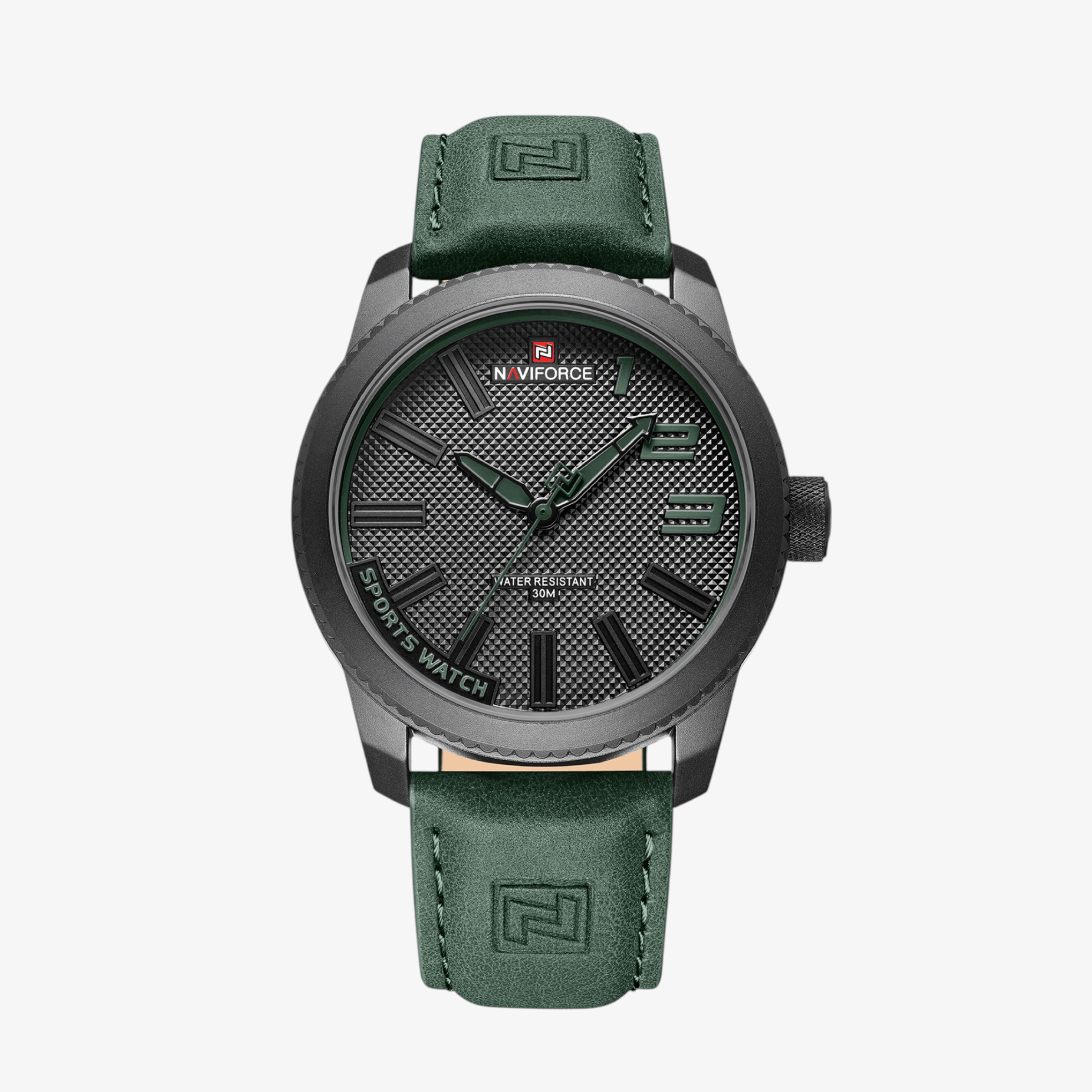 Prednji pogled na model NaviForce NF9202 u zelenoj izvedbi sa kožnim kaišem