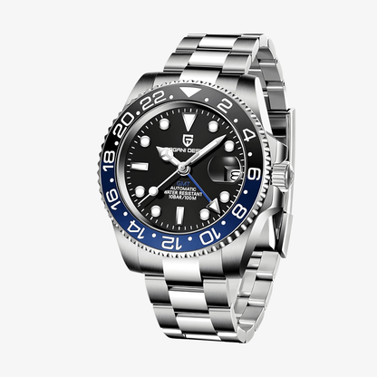 Pagani Design PD-1662 Automatik GMT “Batman” sa dvobojnim crno-plavim GMT bezelom – prednji pogled pod blagim uglom sa Oyster čeličnom narukvicom