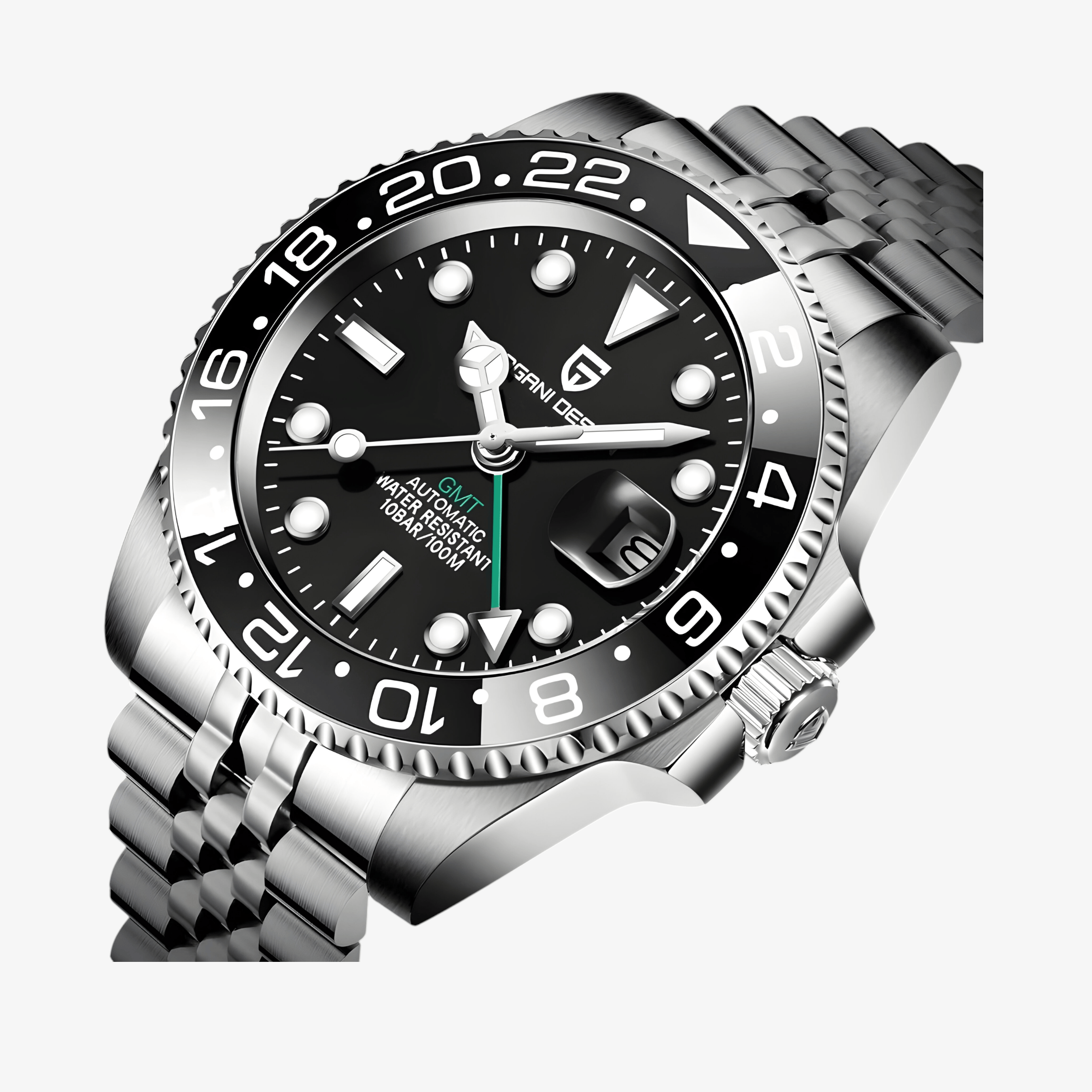 Detalj kućišta i crnog brojčanika sa GMT kazaljkom na modelu Pagani Design PD-1662 Automatik GMT “Bruce Wayne”